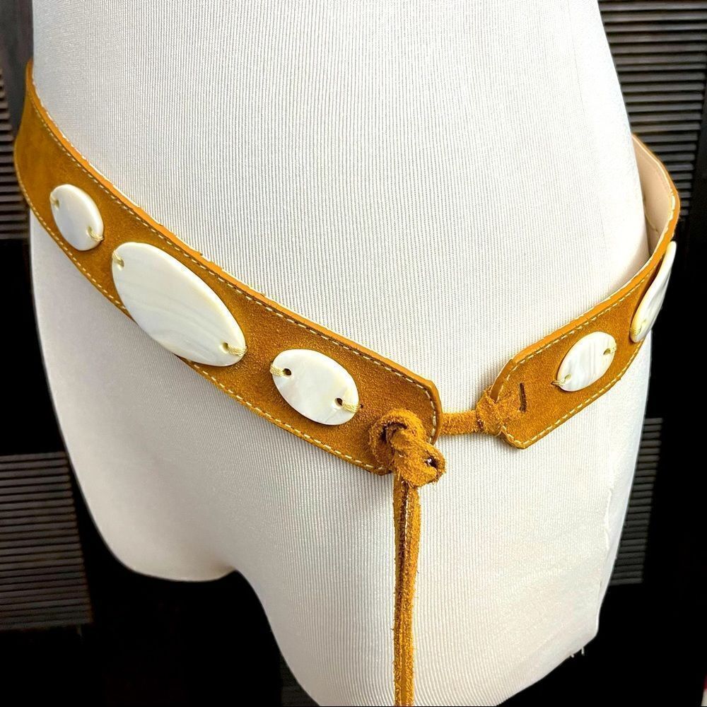 Another Line Genuine Suede Fringe Tie Waist Belt With Abalone Style Accents M